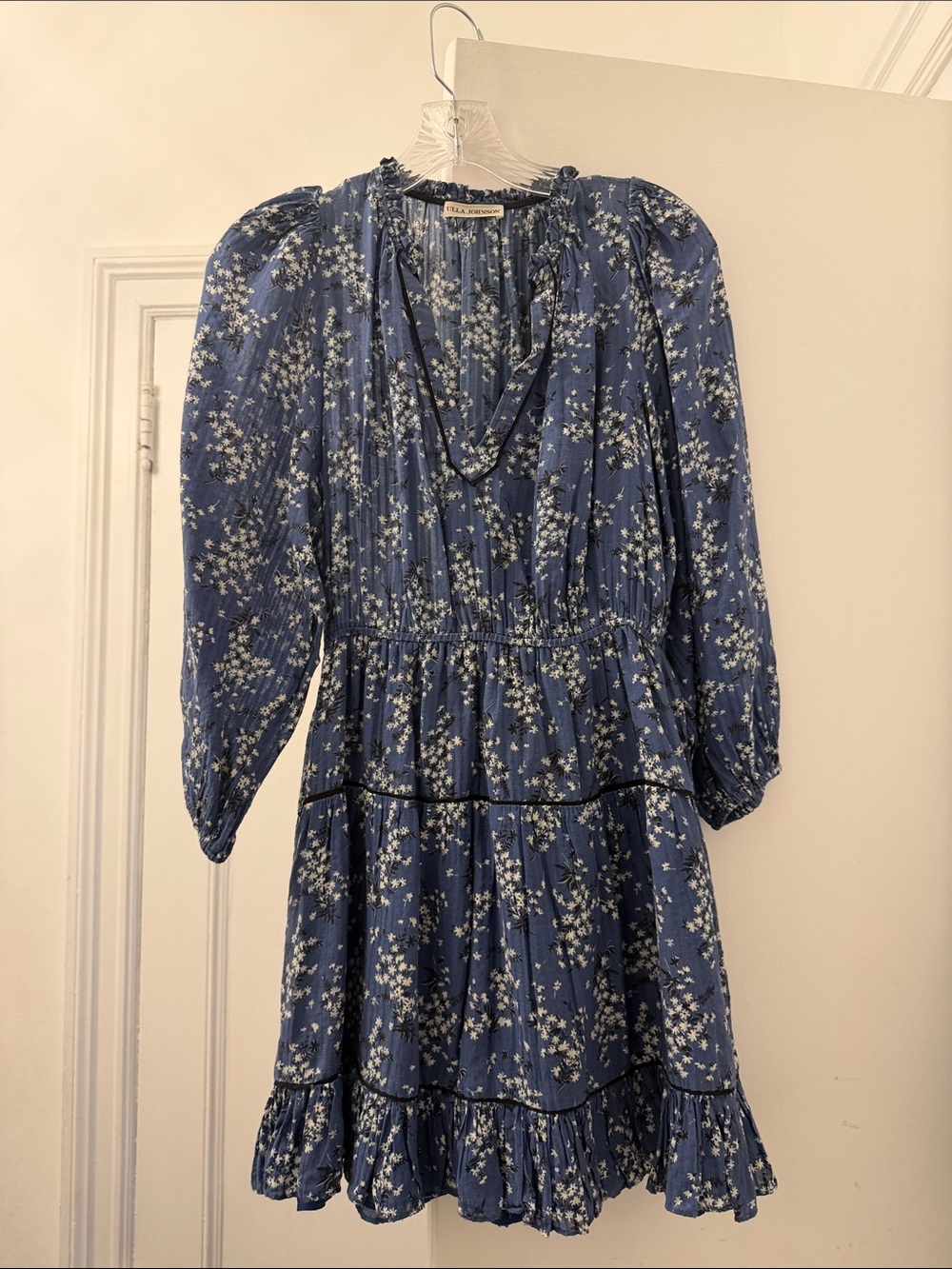 Ulla Johnson Blue Floral Tiered Long-Sleeve Dress